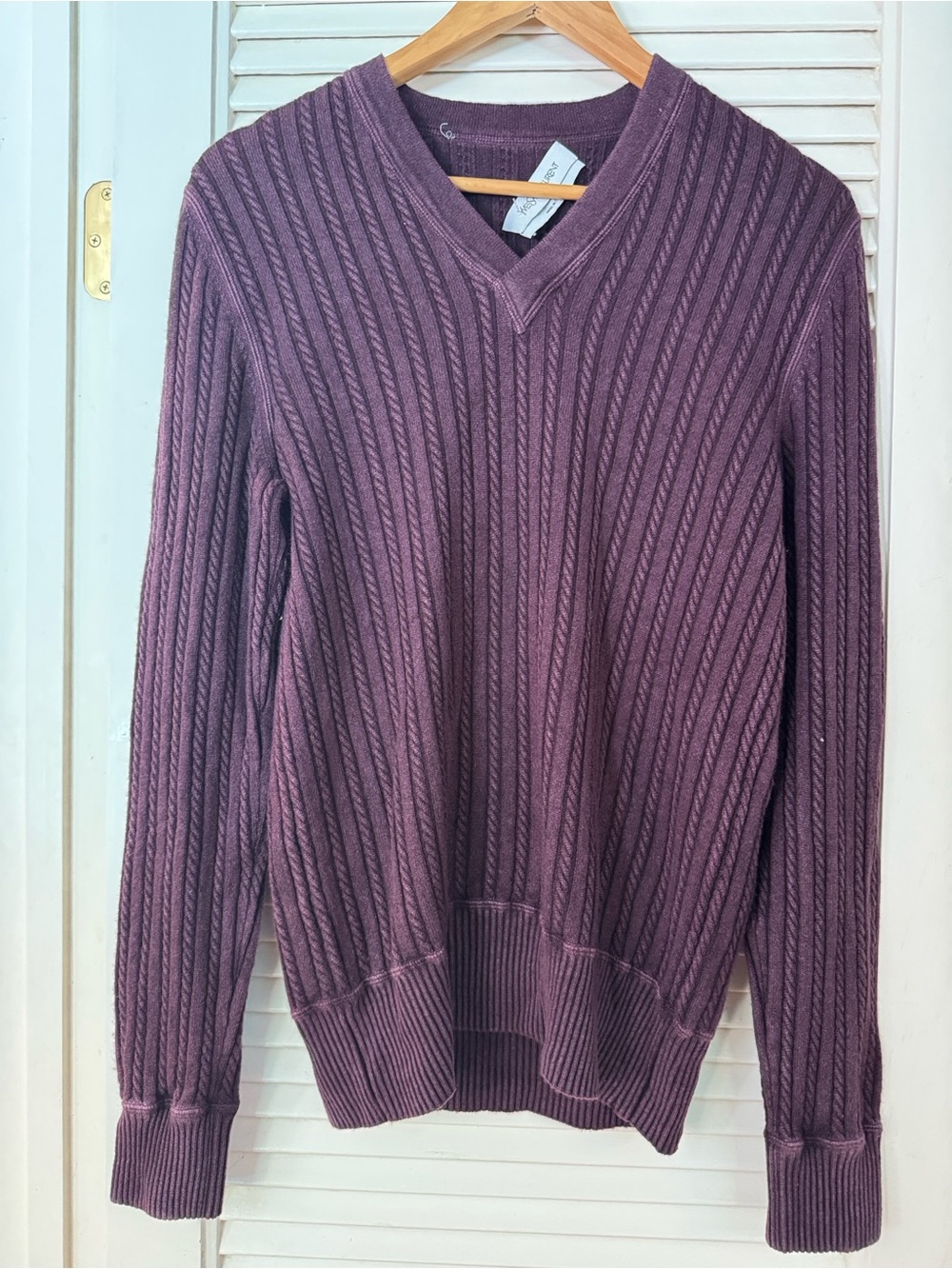 Yves Saint Laurent  V-Neck Cable Sweater in Plum